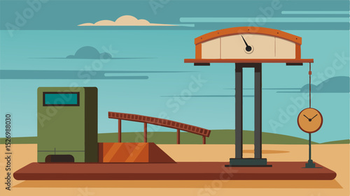A disused weighbridge its scale rusted and its display no longer functioning a reminder of the embargo that shut down all activities at the oncethriving grain depot.. Vector illustration