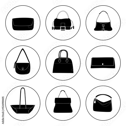 Vector illustration of a set of icons with various women bags in black and white minimalist style. Suitable for fashion, style, online stores and accessories advertising.