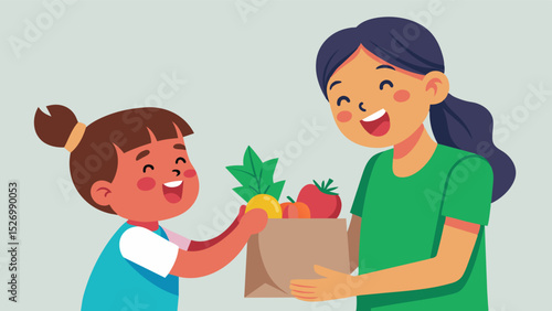 A young girl gratefully receives a bag of fresh produce from a volunteer excitement on her face as she knows it will bring muchneeded nutrition to her familys meals.. Vector illustration