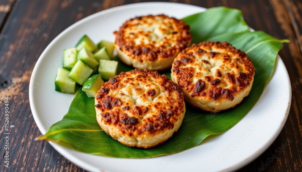 a plate of food, specifically what appears to be vegetable patties or some type of fried breaded items, served with slices of cucumber on a white plate a plate of food, specifically what appears to be vegetable patties or some type of fried breaded items, served with slices of cucumber on a white plate