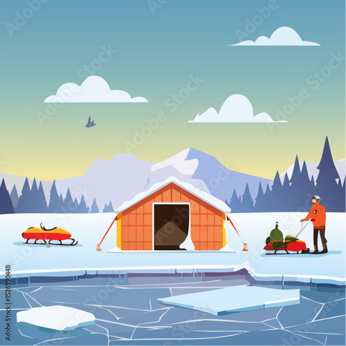 Frozen Lake with Ice Fishing Cabin – Cracks in ice, bundled fisherman, snowmobiles nearby.
