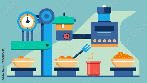 Automated feeders dispense precise amounts of food at designated times eliminating the need for manual feeding and reducing the risk of over or underfeeding.. Vector illustration