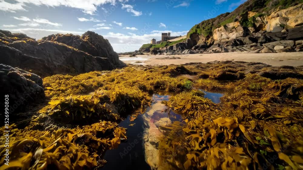 Coastal scene with rocky outcrop, seaweed, tide pool, and buildings on grassy hilltop under a blue sky Coastal scene with rocky outcrop, seaweed, tide pool, and buildings on grassy hilltop under a blue sky