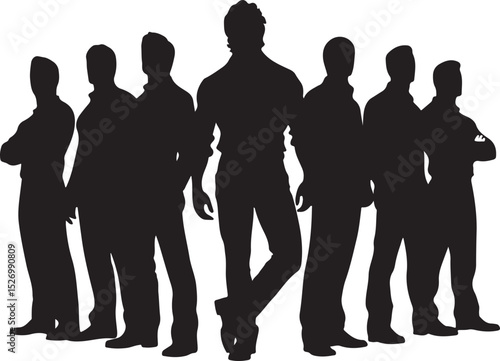 A group of seven men stand together in a united front, their silhouettes forming a powerful image of camaraderie and teamwork, showcasing strength in numbers and a shared purpose.