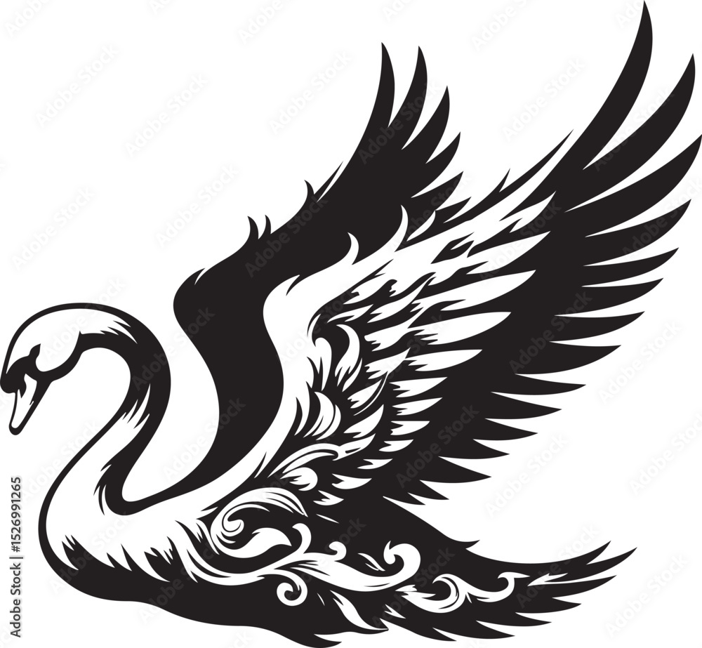 Fototapeta premium A black and white illustration of a swan with ornate wings, designed in a stylized manner with intricate detailing and a graceful, elegant pose.