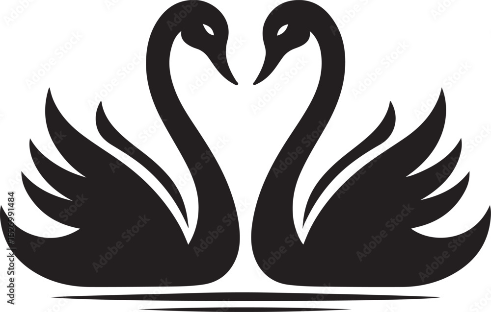 A pair of elegant black swans facing each other, their necks forming a heart shape, symbolizing love and unity, depicted in a minimalist, stylized design against a plain white background. A pair of elegant black swans facing each other, their necks forming a heart shape, symbolizing love and unity, depicted in a minimalist, stylized design against a plain white background.