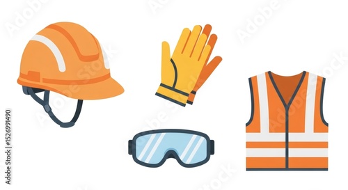 Personal protective equipment showing a hard hat, safety glasses, gloves, and a high visibility vest. Essential gear set for construction or industrial worker during Labor Day.