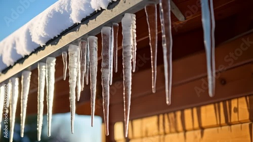 Hanging icicles from roof edge with bright sunshine reflecting off surface and blue sky in background during winter