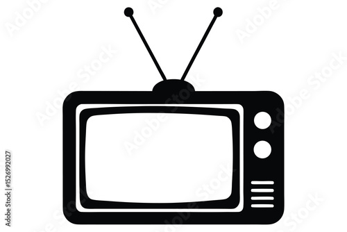 Black and White Illustration of a Retro Television with Antenna and Control Dials