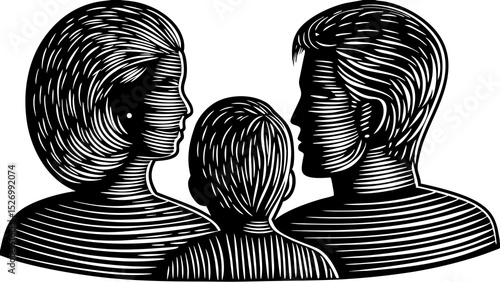 Family unity vector illustration of a mother, father, and child sharing a loving gaze, symbolizing togetherness and connection in a detailed design