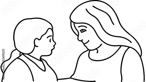 Tender vector illustration of a mother sharing an affectionate moment with her daughter, emphasizing connection and nurturing in a simple design
