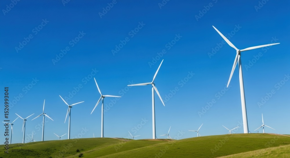 Fototapeta premium Wind turbine on green hill under clear blue sky, generating clean energy. Sustainable power production for environmental protection.