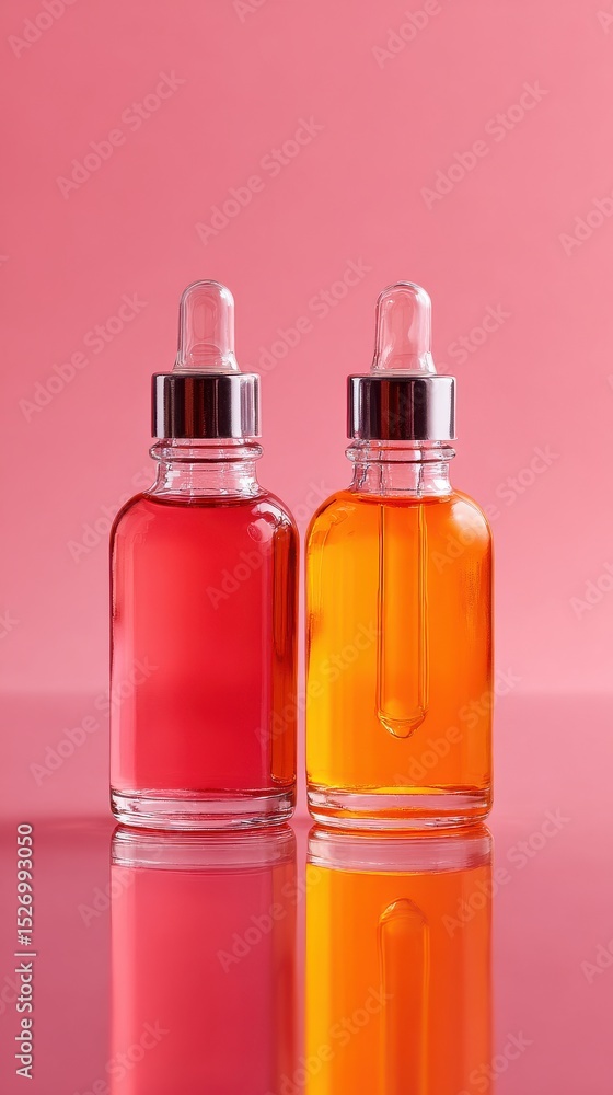 A High Resolution image of two Glass Dropper Bottles with Pink and Orange Liquids on Pink Background. A High Resolution image of two Glass Dropper Bottles with Pink and Orange Liquids on Pink Background.