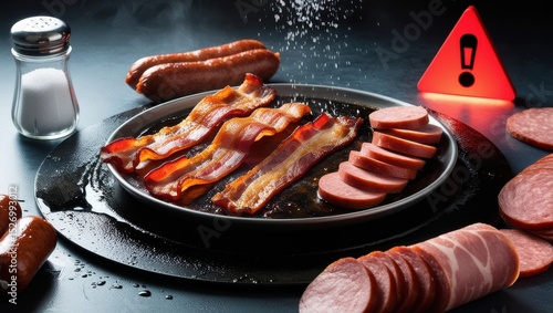 A sizzling plate of bacon, sausages, and deli meats on a greasy surface, with a glowing salt shaker and red warning sign, highlighting the high sodium and health risks of processed meats