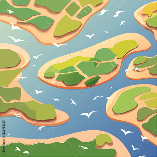 River Delta from Above – Braided waterways, marsh grasses, flocks of birds forming patterns.
