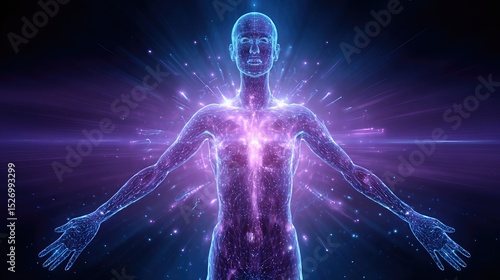 A luminous digital human figure with outstretched arms surrounded by glowing neural network connections, futuristic