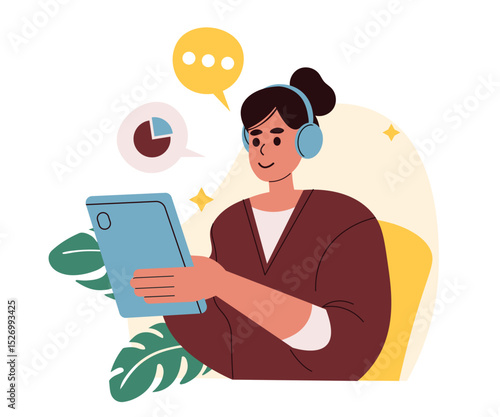A woman holds a digital tablet in her hands. A thoughtful adult looks at a tablet device, reads and smiles. An employee is working with a gadget in his hand at home. Flat vector illustration