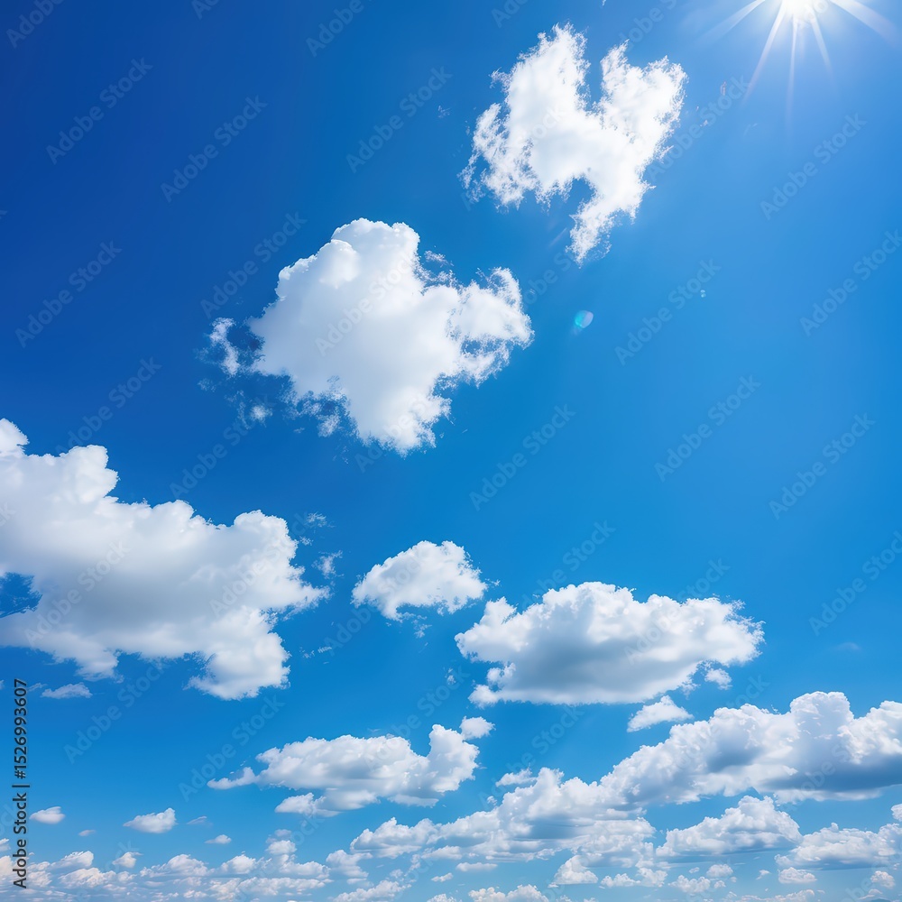 Fototapeta premium a serene day under a clear blue sky dotted with fluffy white clouds. the sun shines brightly in the top right corner, casting light across the landscape.