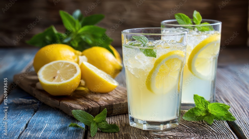 Fototapeta premium A High Resolution image of refreshing Lemonade with Lemon and Mint on Wooden Table.