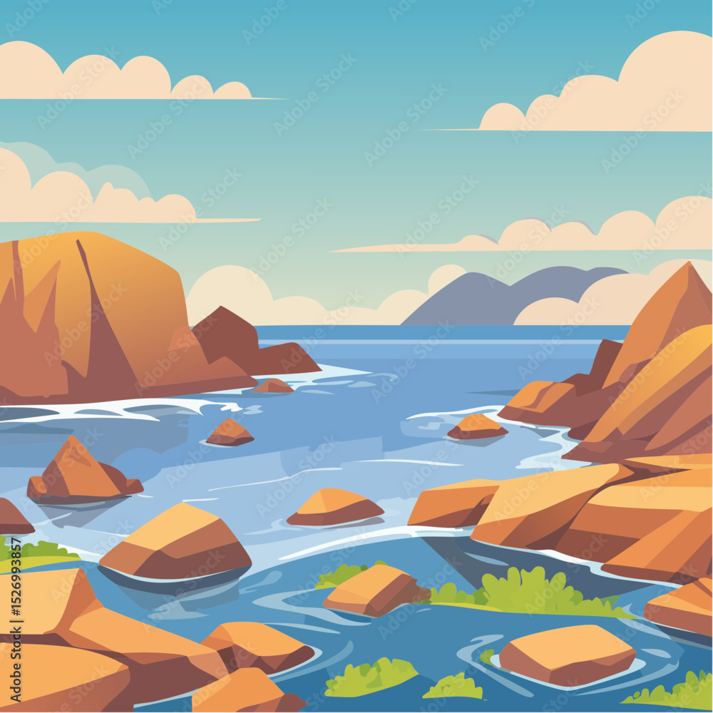 Naklejka premium Rocky Coastline at Low Tide – Tide pools teeming with life, kelp draped over rocks. 