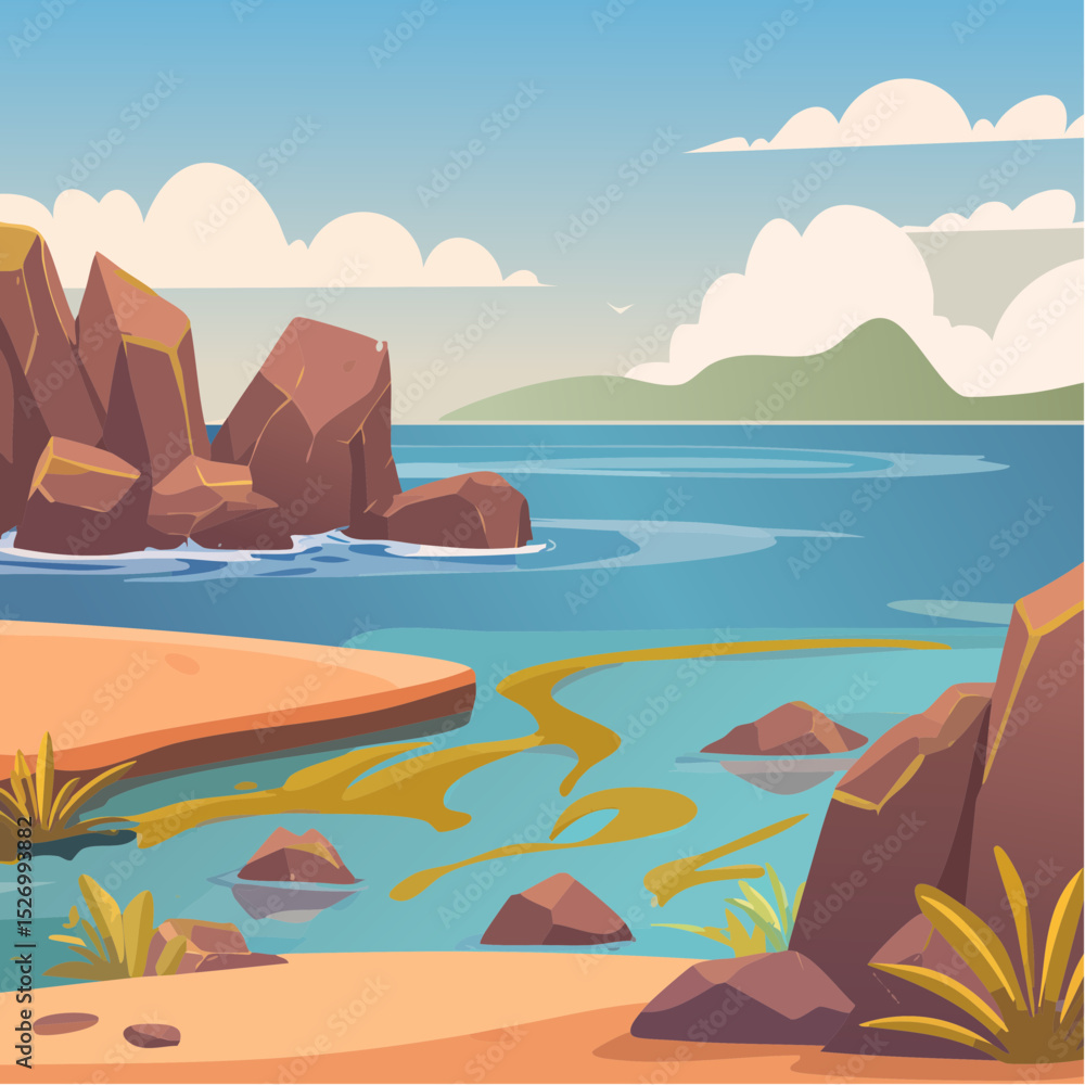 Obraz premium Rocky Coastline at Low Tide – Tide pools teeming with life, kelp draped over rocks.