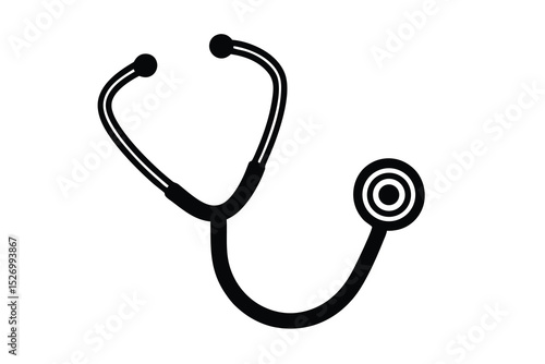 Black and White Stethoscope Illustration with Circular Head and Earpieces on White Background