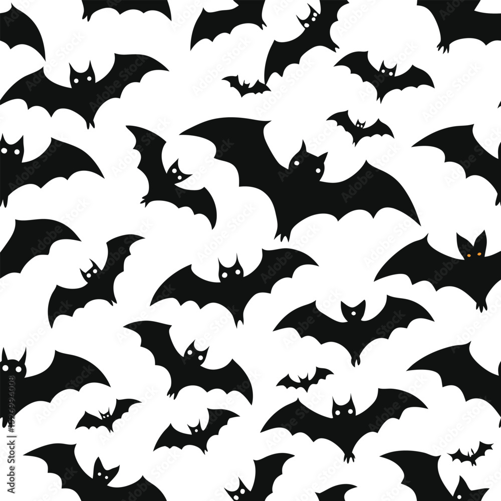 Naklejka premium Black Bat Silhouettes Seamless Pattern on White Background, Halloween Themed, Winged Mammals
