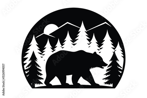Black Bear Silhouette Walking Through Pine Trees with Mountains and Sun Icon