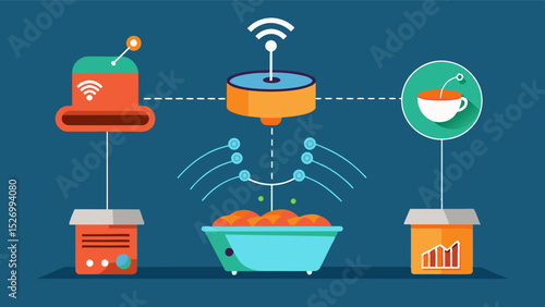 A smart feeding system tracks feeding behaviors and adjusts feed amounts and schedules accordingly improving efficiency and reducing waste.. Vector illustration