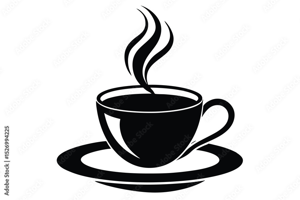 Obraz premium Black Coffee Cup and Saucer Silhouette with Steam on White Background