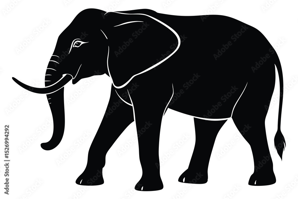 Fototapeta premium Black Elephant Silhouette Walking African Elephant, Wildlife Illustration, Isolated on White Background