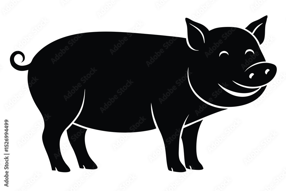 Fototapeta premium Black Pig Silhouette Standing Profile with Happy Expression and Curled Tail Illustration
