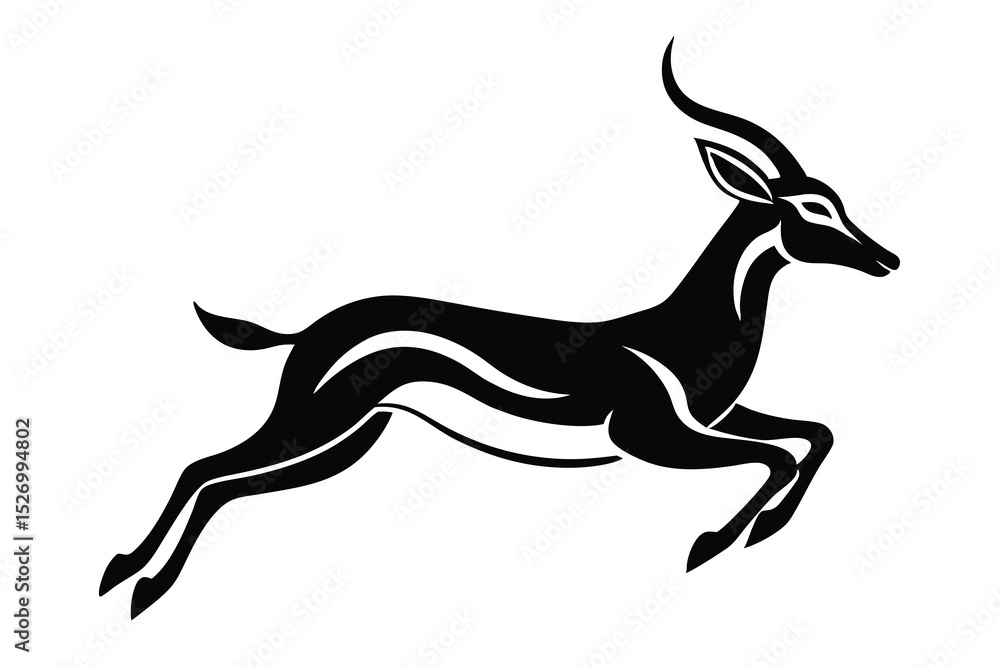 Obraz premium Black Silhouette of a Leaping Impala Antelope with Curved Horns on White