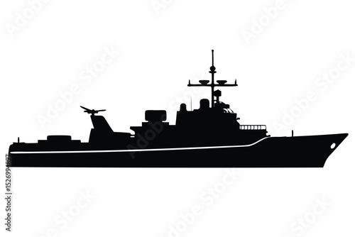 Black Silhouette of a Naval Warship with Radar and Antenna on Deck