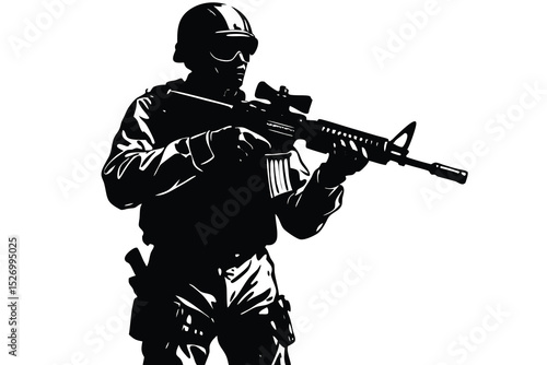 Black Silhouette of a Soldier Aiming an Assault Rifle with Scope Wearing Helmet