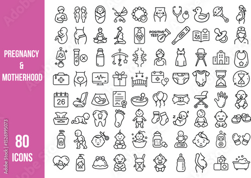 A comprehensive set of 80 line icons representing pregnancy, baby care, parenting, and maternal health in a modern flat style. 