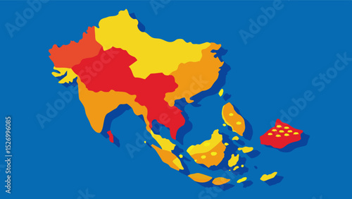 A large portion of Southeast Asia is marked with yellow indicating a moderate level of food insecurity while pockets of intense red can be seen tered throughout the region.. Vector illustration