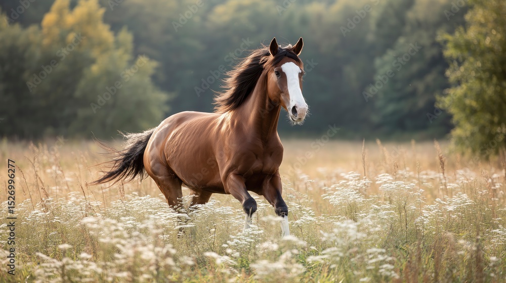 Obraz premium Majestic brown horse galloping freely, embodying wild grace and untamed spirit