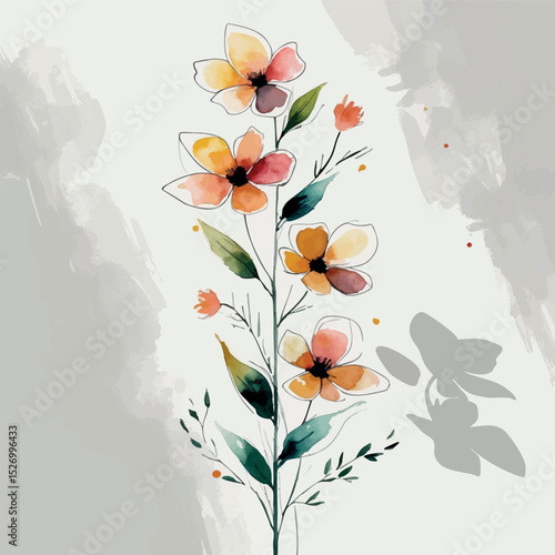 Vertical floral line vector. Artistic plant form with stylized blooms and soft shadows.