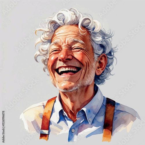 Laughing elderly man vector. Watercolor portrait with playful energy and character.