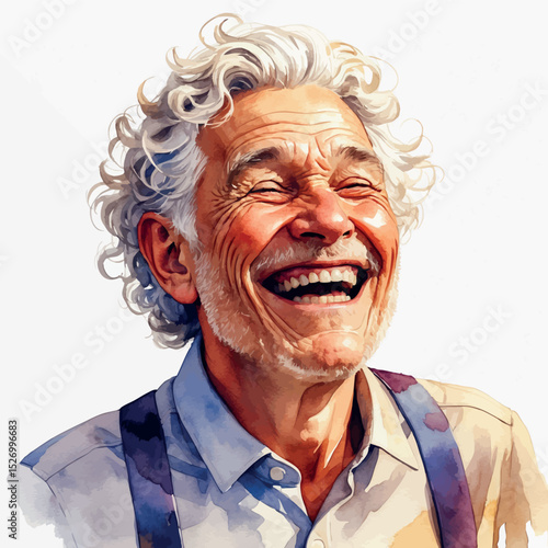 Laughing elderly man vector. Watercolor portrait with playful energy and character.