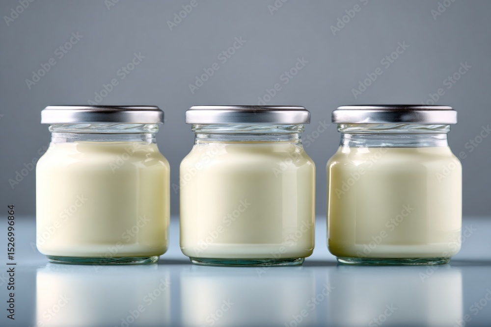 Three glass jars filled with a smooth, creamy white substance are lined up on a light-colored surface for display Three glass jars filled with a smooth, creamy white substance are lined up on a light-colored surface for display