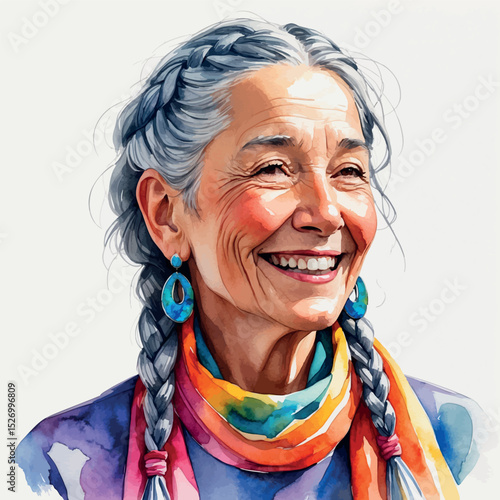 Elderly woman with braids. Watercolor senior portrait with colorful style and warm expression.