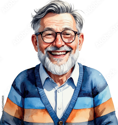 Happy senior man portrait. Watercolor artwork of bearded elder in blue tones.