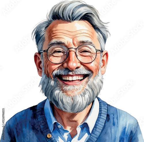 Happy senior man portrait. Watercolor artwork of bearded elder in blue tones.