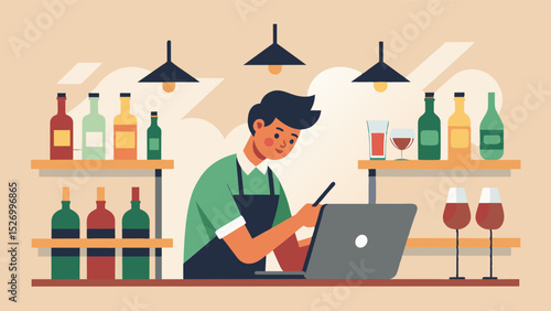 The soft clinking of wine bottles being uncorked serves as the soundtrack for a freelancers day at the vineyard café where they have found the perfect balance of work and play.. Vector illustration