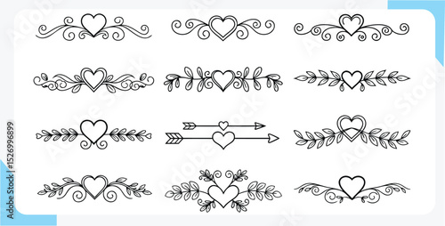 Elegant hand drawn decorative heart borders and dividers collection in black and white design