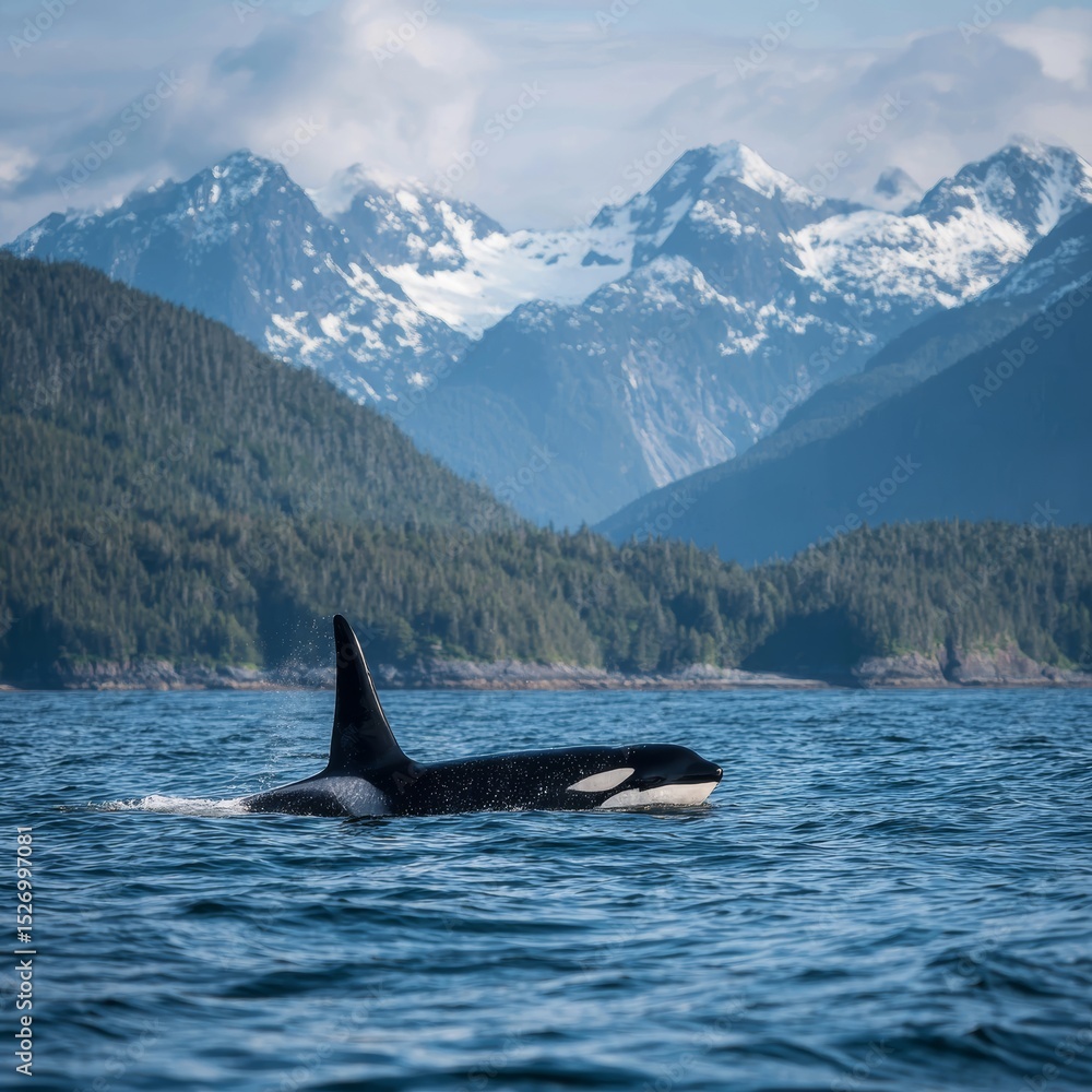 Obraz premium A stunning image of an orca whale swimming in the ocean with a picturesque backdrop of mountains. The orca's distinctive black and white markings stand out against the blue water