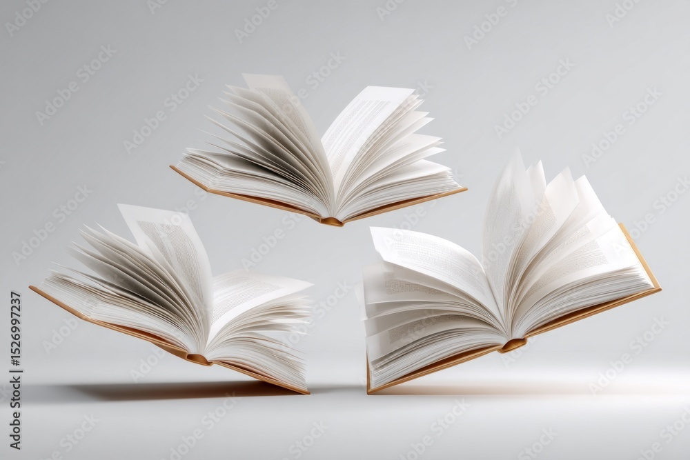 Fototapeta premium Three open books hover above a light surface, pages fanned out as if caught in a breeze, symbolizing the joy of reading