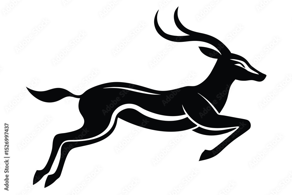 Fototapeta premium Elegant Black Silhouette of a Leaping Impala with Curving Horns on a White Background